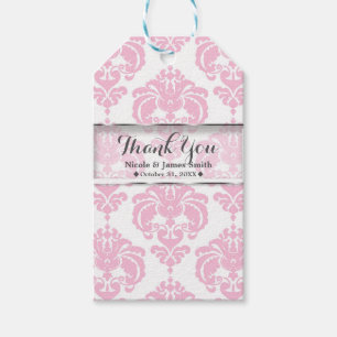 Étiquettes-cadeau Cadeau de mariage vintage damassé rose et blanc