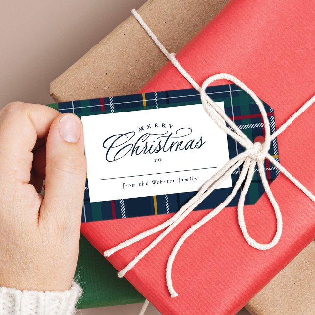 Étiquettes-cadeau cadeau de Noël marine plaid classique élégant (Créateur téléchargé)