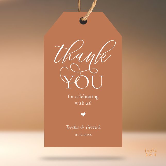 Étiquettes-cadeau Cadeaux de mariage classique moderne Merci (Modern Classy Wedding Party Favor Gifts Tag Thank You Label in Copper Brown)