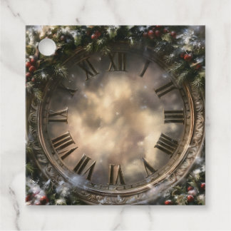 Étiquettes Cadeau Cadran de Horloge Feuillage Hivernal Rustique