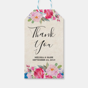 Étiquettes-cadeau Cadre de fleurs rose et bleu Fancy Merci
