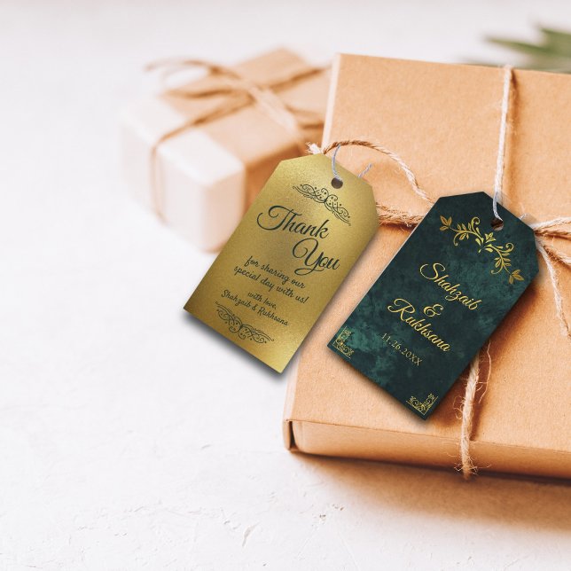 Étiquettes-cadeau Cadre doré orné Merci Mariage Vert Émeraude (Créateur téléchargé)