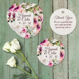 Étiquettes Cadeau Cadre Floral Élégant Rose Pêche Pourpre Blanc