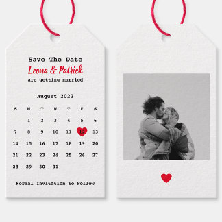Étiquettes-cadeau Calendrier Sauvegarder la date avec cœur rouge et