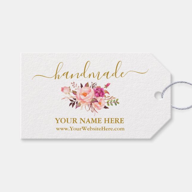 Étiquettes-cadeau Calligraphie Aquarelle artisanale rose Floral Or (Devant (Horizontal))