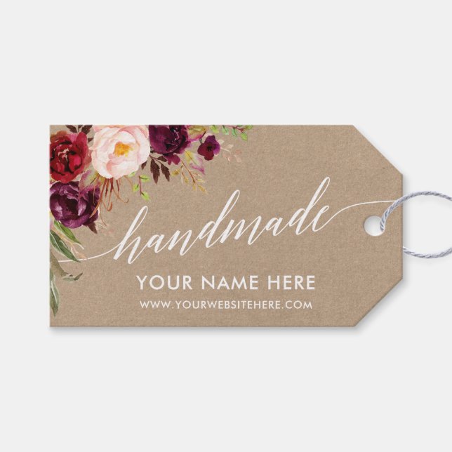 Étiquettes-cadeau Calligraphie artisanale Burgundy Floral Kraft Tags (Devant (Horizontal))