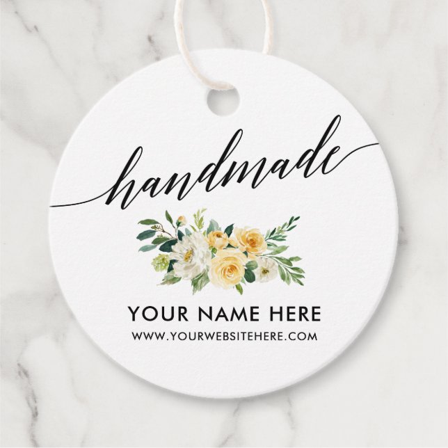 Étiquettes Cadeau Calligraphie artisanale jaune blanc Floral R (Devant)