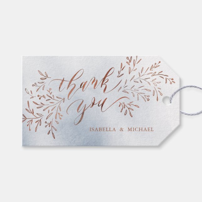 Étiquettes-cadeau Calligraphie bleu-duché merci à fleurs rustiques (Devant (Horizontal))