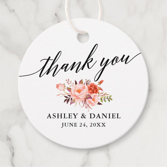 Étiquettes Cadeau Calligraphie Coral Floral Mariage Merci (Devant)