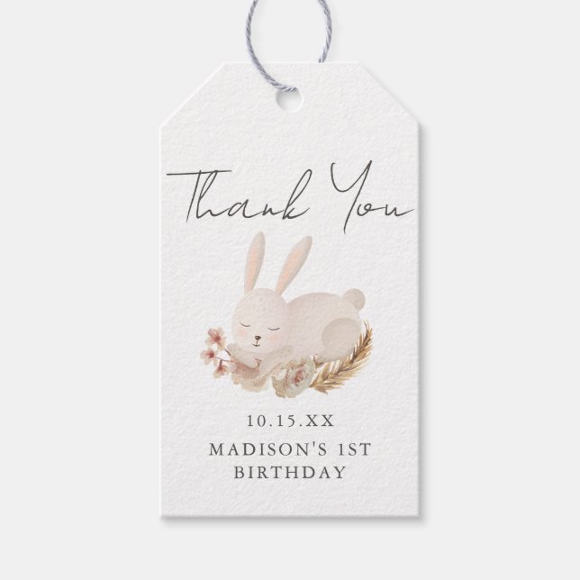 Étiquettes-cadeau Calligraphie de lapin doux Premier Merci d'anniver (Devant)