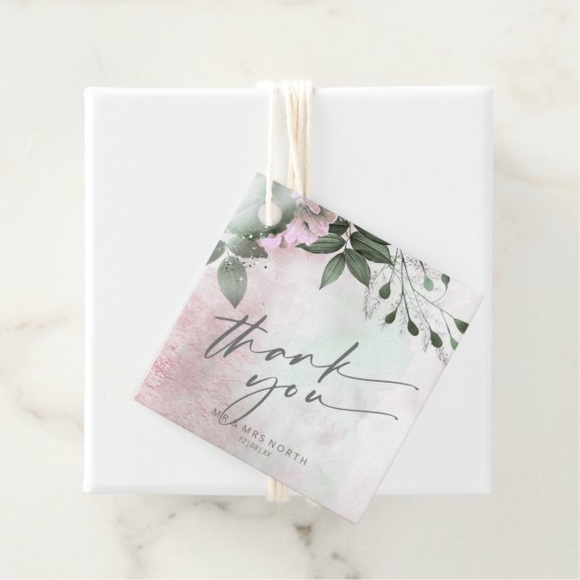 Étiquettes Cadeau Calligraphie Merci floral Mauve ID771 (En situation)