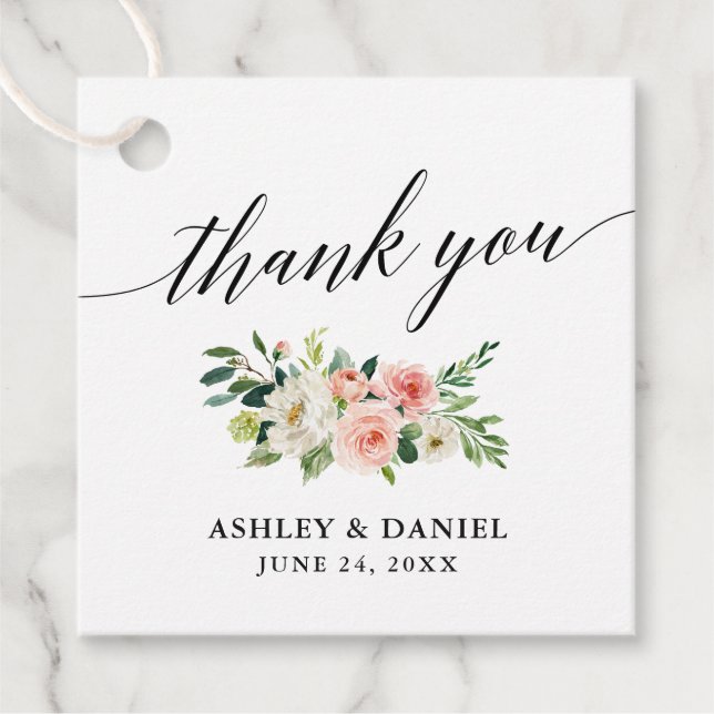Étiquettes Cadeau Calligraphie rose blanc Merci Floral Mariage (Devant)