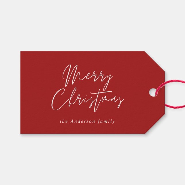 Étiquettes-cadeau Calligraphie rouge moderne Joyeux script de Noël (Devant (Horizontal))