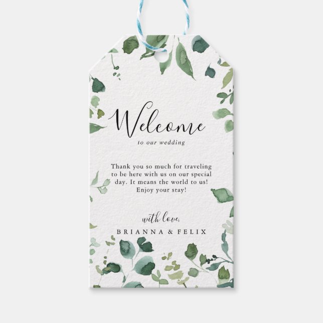 Étiquettes-cadeau Calligraphie Script Green Foliage Mariage Bienvenu (Devant)