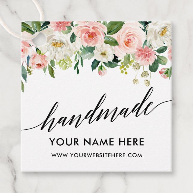 Étiquettes Cadeau Calligraphie Script rose blanc Floral fait main (Devant)