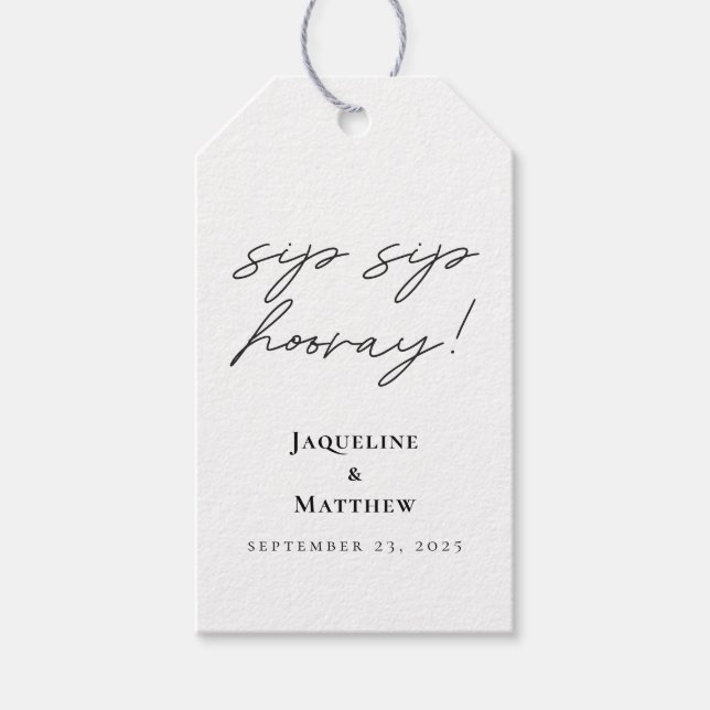 Étiquettes-cadeau Calligraphie Sip Sip Hooray Mariage noir blanc (Devant)
