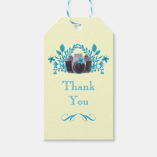 Étiquettes-cadeau Caméra Avec Feuilles Bleus Et Papillons Merci (Devant)