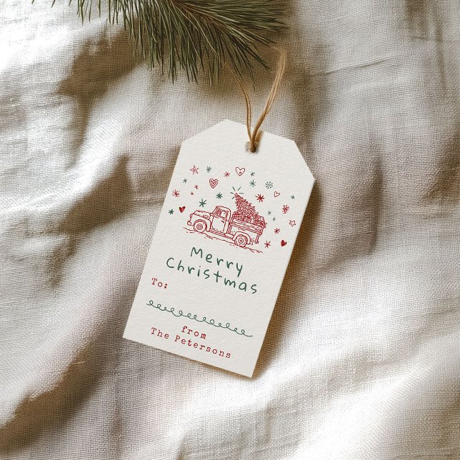 Étiquettes-cadeau Camion de Noël Whimsical Retro Rouge et Vert (Créateur téléchargé)