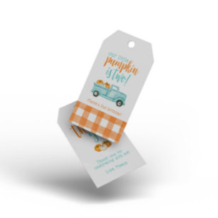 Étiquettes-cadeau Camion de récolte Citrouille orange et turquoise