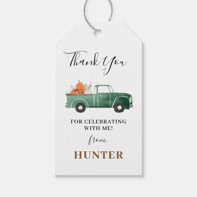 Étiquettes-cadeau Camion Enfant Automne Anniversaire Avec Citrouille (Devant)