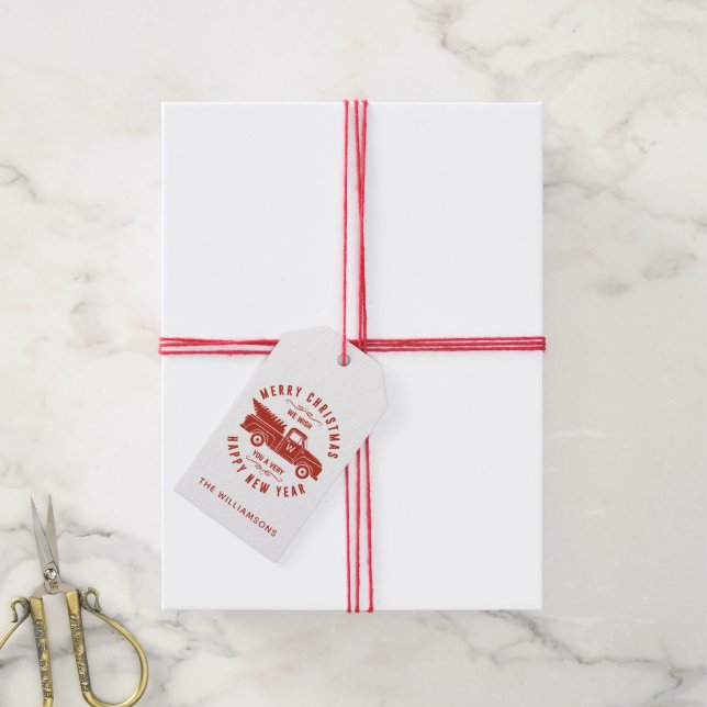 Étiquettes-cadeau Camion rouge et arbre Joyeux Noël Bonne année (Avec de la ficelle)