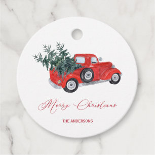 Étiquettes Cadeau Camion rouge Vintage rustique avec arbres de Noël