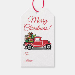 Étiquettes-cadeau Camion Vintage rouge avec jouets Joyeux Noël