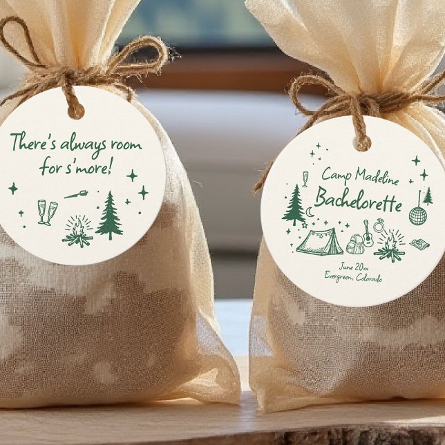 Étiquettes Cadeau Camp Bachelorette Camping Main Drag Écriture verte (camp bachelorette favor tag camping hand drawn written girls trip bach green glamping)