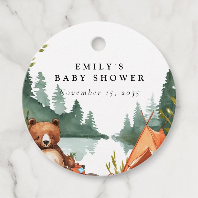 Étiquettes Cadeau Camping Mountain Baby shower rustique (Devant)