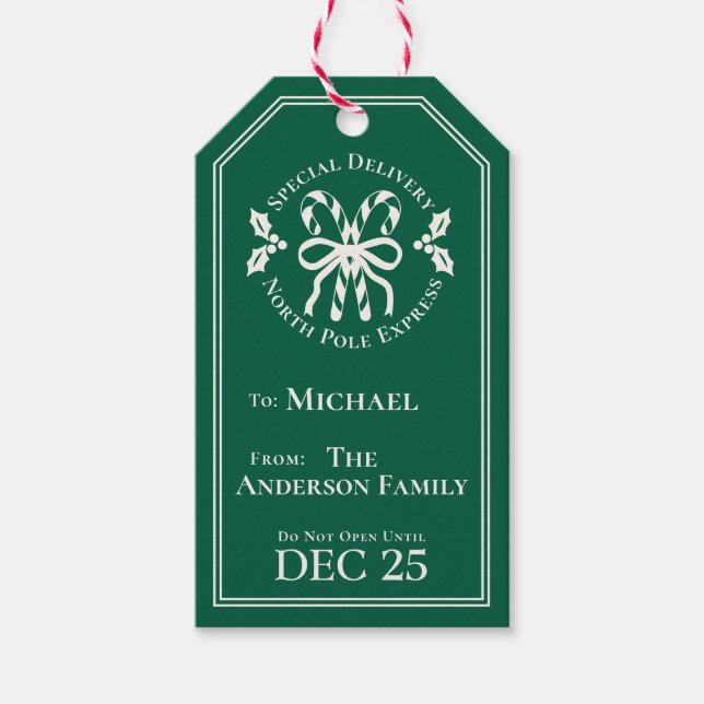 Étiquettes-cadeau Candy Cane North Pole Express Special Delivery (Devant)