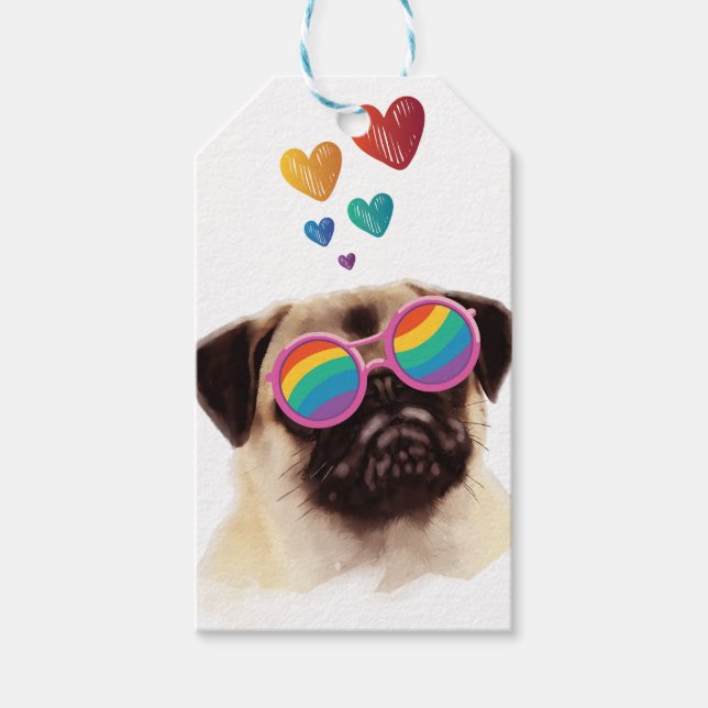 Étiquettes-cadeau Carlin Chien avec Coeurs Saint-Valentin (Devant)