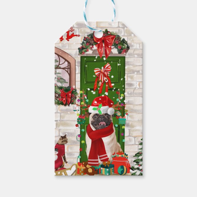 Étiquettes-cadeau Carlin Chien Noël (Devant)