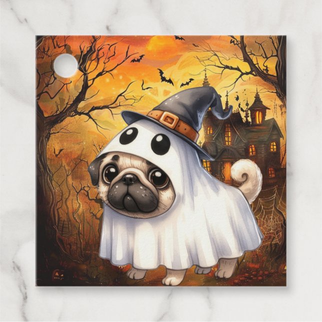 Étiquettes Cadeau Carlin Cute Ghostile Halloween (Devant)