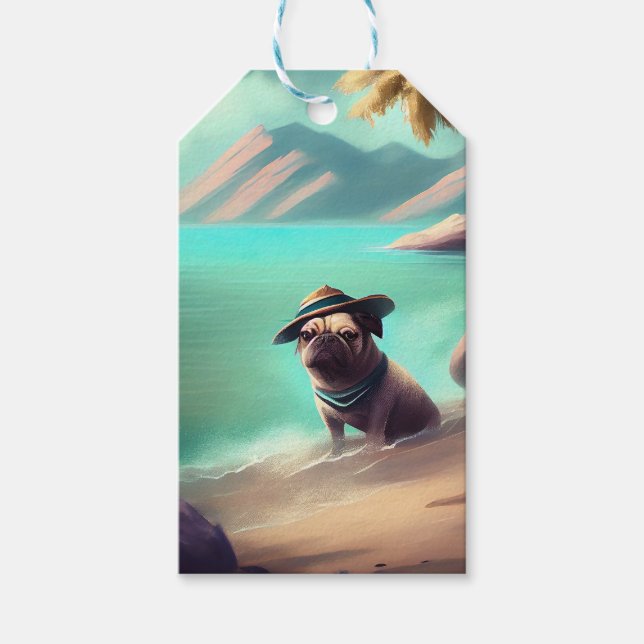 Étiquettes-cadeau Carlin profitant de la peinture sur plage (Devant)