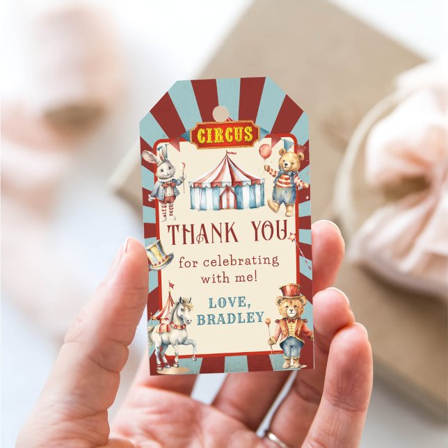 Étiquettes-cadeau Carnaval des animaux de cirque rétro Merci d'anniv (Créateur téléchargé)