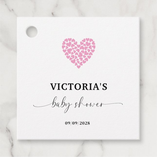 Étiquettes Cadeau Carré de Baby shower de coeur rose (Devant)