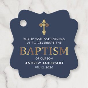 Étiquettes Cadeau Carré Elegant Gold & Marine Blue Baptism Merci
