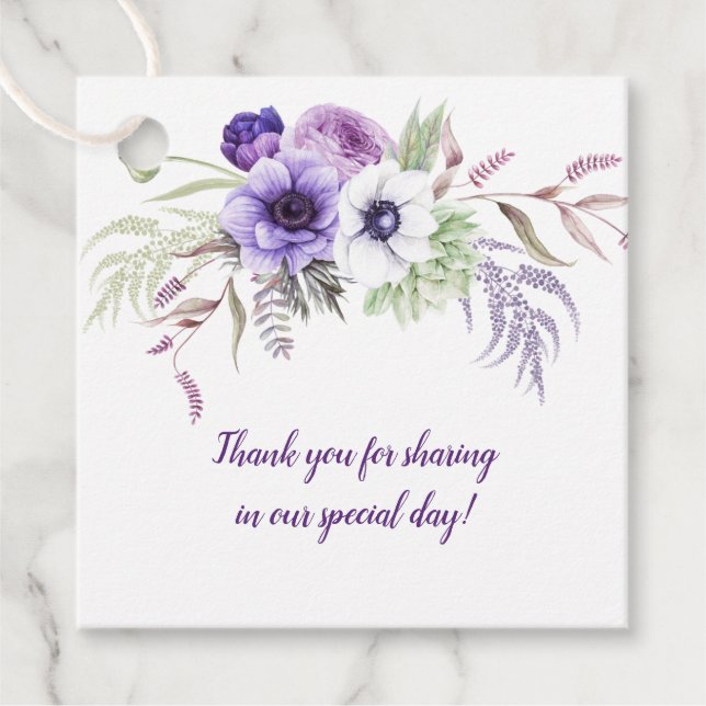 Étiquettes Cadeau Carré Mariage floral blanc de lavande violette | (Devant)