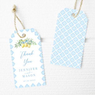 Étiquettes-cadeau Carreaux bleu italien Citron Mariage côtier Merci