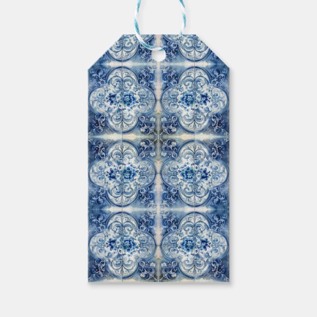 Étiquettes-cadeau Carreaux d'antiquité dans Delft Blue personnalisab (Devant)