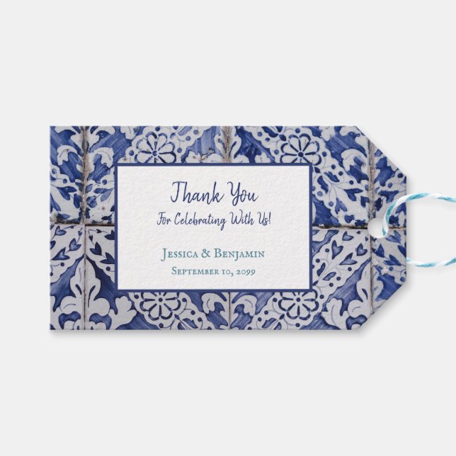 Étiquettes-cadeau Carreaux portugais customisés - Azulejo Floral (Devant (Horizontal))