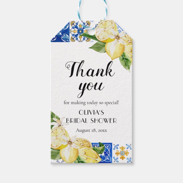 Étiquettes-cadeau Carrelage bleu Citron Fête des mariées italienne F (Devant)