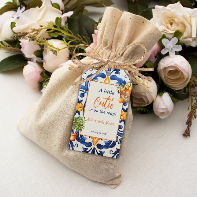 Étiquettes-cadeau Carrelage bleu italien Cutie Orange Citrus Baby sh (Créateur téléchargé)