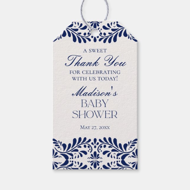 Étiquettes-cadeau Carrelage bleu Talavera Fiesta Baby shower Favoris (Devant)