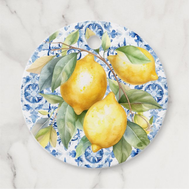 Étiquettes Cadeau Carrelage et citrons d'aquarelle italien bleu et b (Devant)