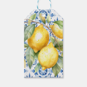 Étiquettes-cadeau Carrelage et citrons d'aquarelle italien bleu et b