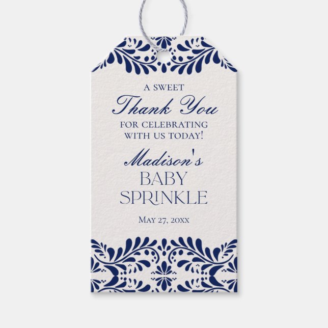 Étiquettes-cadeau Carrelage Talavera bleu Fiesta Baby Sprinkle Favor (Devant)
