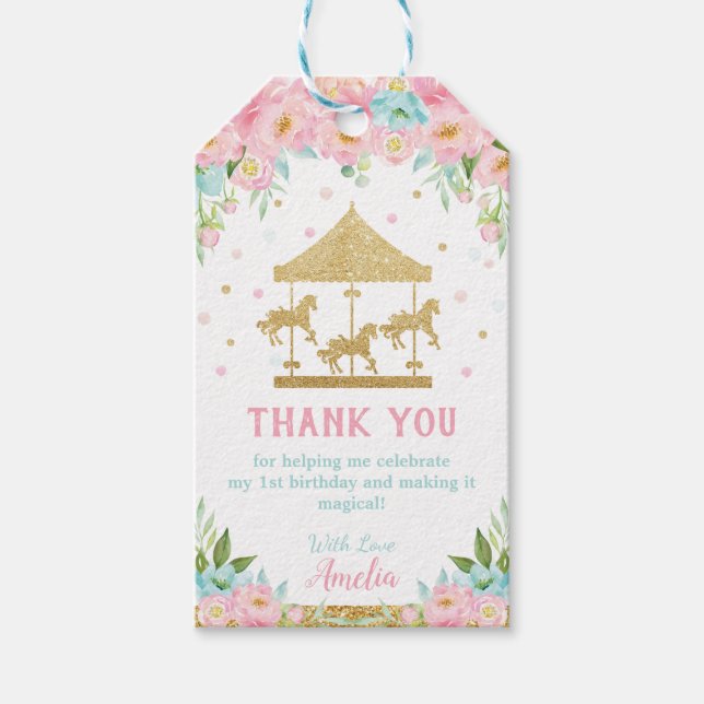 Étiquettes-cadeau Carrousel floral de Monnaie rose Anniversaire Merc (Devant)