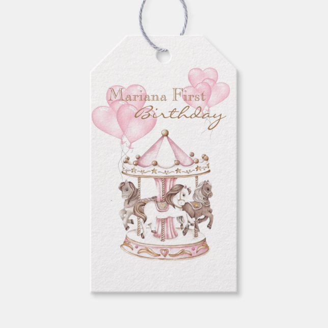 Étiquettes-cadeau Carrousel rose Unicorne premier anniversaire (Devant)