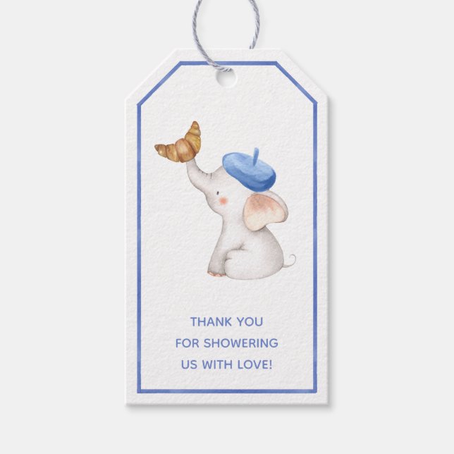 Étiquettes-cadeau Carte Baby shower éléphant bleu français (Devant)